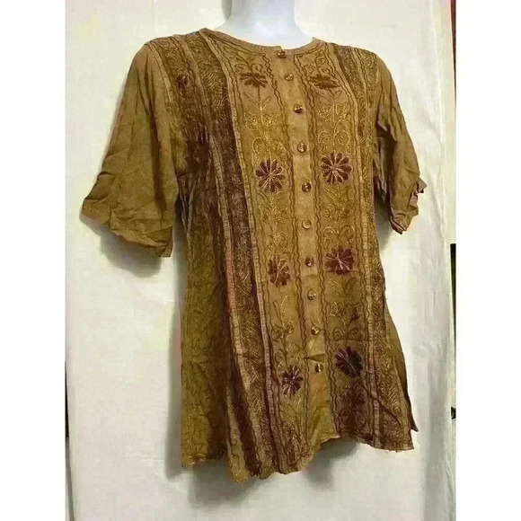 Womens India Pakistan Golden Long Shirt Embroidered 1/2 Sleeve Tie Back Mid 0067 - Picture 3 of 8